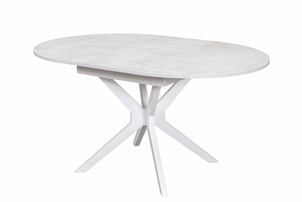 Круглый стол на крестообразной опоре в  разложенном виде, цвет: бетон лайт + белый
